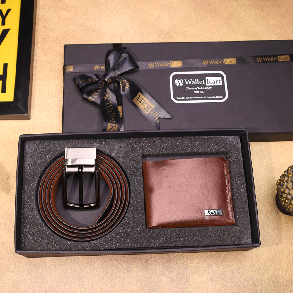 Customised Name Engraved Handcrafted Genuine Leather Wallet with Belt | Customized 2-in-1 Gift Set for Men – Perfect for All Occasions  (STYLE ID #23)