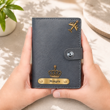 Load image into Gallery viewer, Personalized Golden Nameplate Passport Holder for Men &amp; Women with Custom Name &amp; Charm | Travel Wallet with Card Slots, ID Window &amp; Cash Pocket | Secure Snap Closure | Premium Passport Cover
