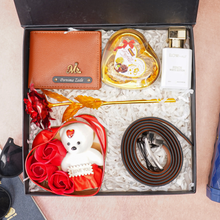 Load image into Gallery viewer, Personalized Leather Name Men's Wallet and Belt , Rose , Chocolate ,Parfume &amp; Teddy Bear With Name and Charm| Best Customized (6 in 1 Gift Combo) for Boyfriend Husband Father &amp; Son on Birthday and Anniversary
