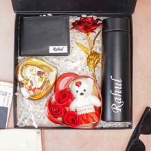 Load image into Gallery viewer, Personalized Genuine Leather Name Men's Wallet , Rose, Chocolate , Teddy Bear and Temp. Bottle |  Customised (5 in 1) Gift Combo for Boyfriend Husband on Birthday &amp; Anniversary (STYLE ID #21)
