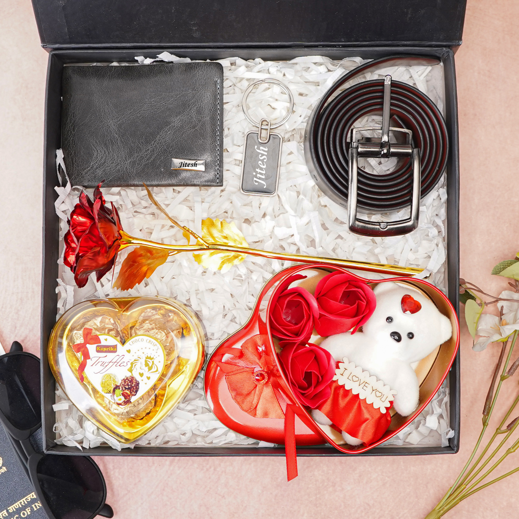 Handmade Leather Men's Wallet, Keychain, Teddy Bear, Chocolate, Rose and Belt | Best Customized Gift Combo for Boyfriend Husband Father & Son (Style id #23)