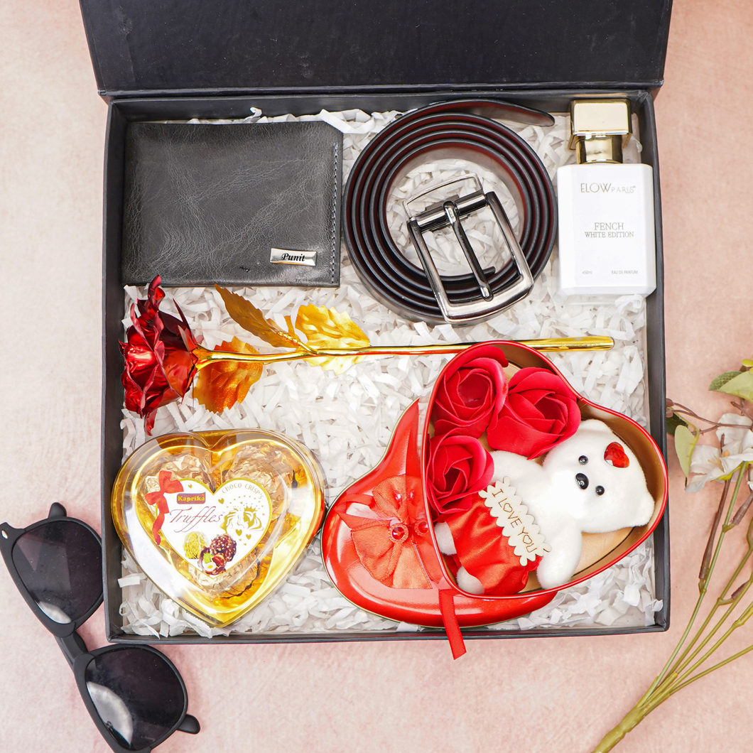 Handmade Leather Men's Name Wallet, Name Parfume, Teddy Bear, Chocolate, Rose and Belt | Best Customized Gift Combo for Boyfriend Husband Father & Son (Style id #23)