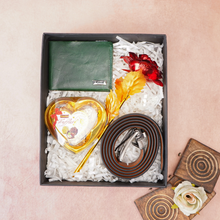 Load image into Gallery viewer, Handmade Leather Men&#39;s Name Wallet, Chocolate, Rose and Belt | Best Customized Gift Combo for Boyfriend Husband Father &amp; Son (Style id #23)
