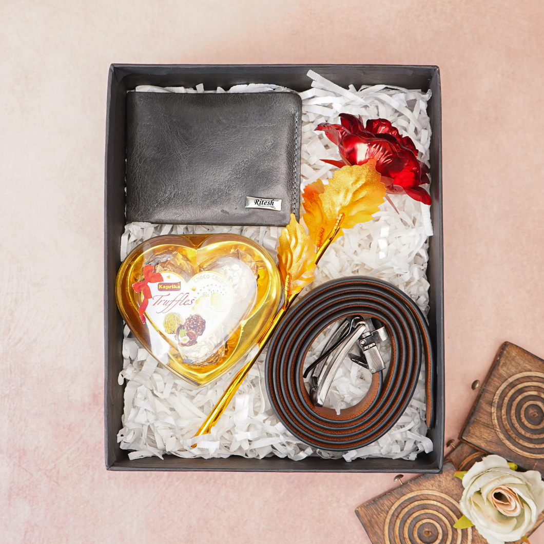 Handmade Leather Men's Name Wallet, Chocolate, Rose and Belt | Best Customized Gift Combo for Boyfriend Husband Father & Son (Style id #23)