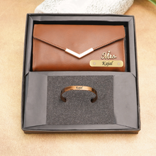 Load image into Gallery viewer, Personalized Leather Name Clutch &amp; Bracelet Combo | Elegant Gift for Women like Girlfriend | Wife
