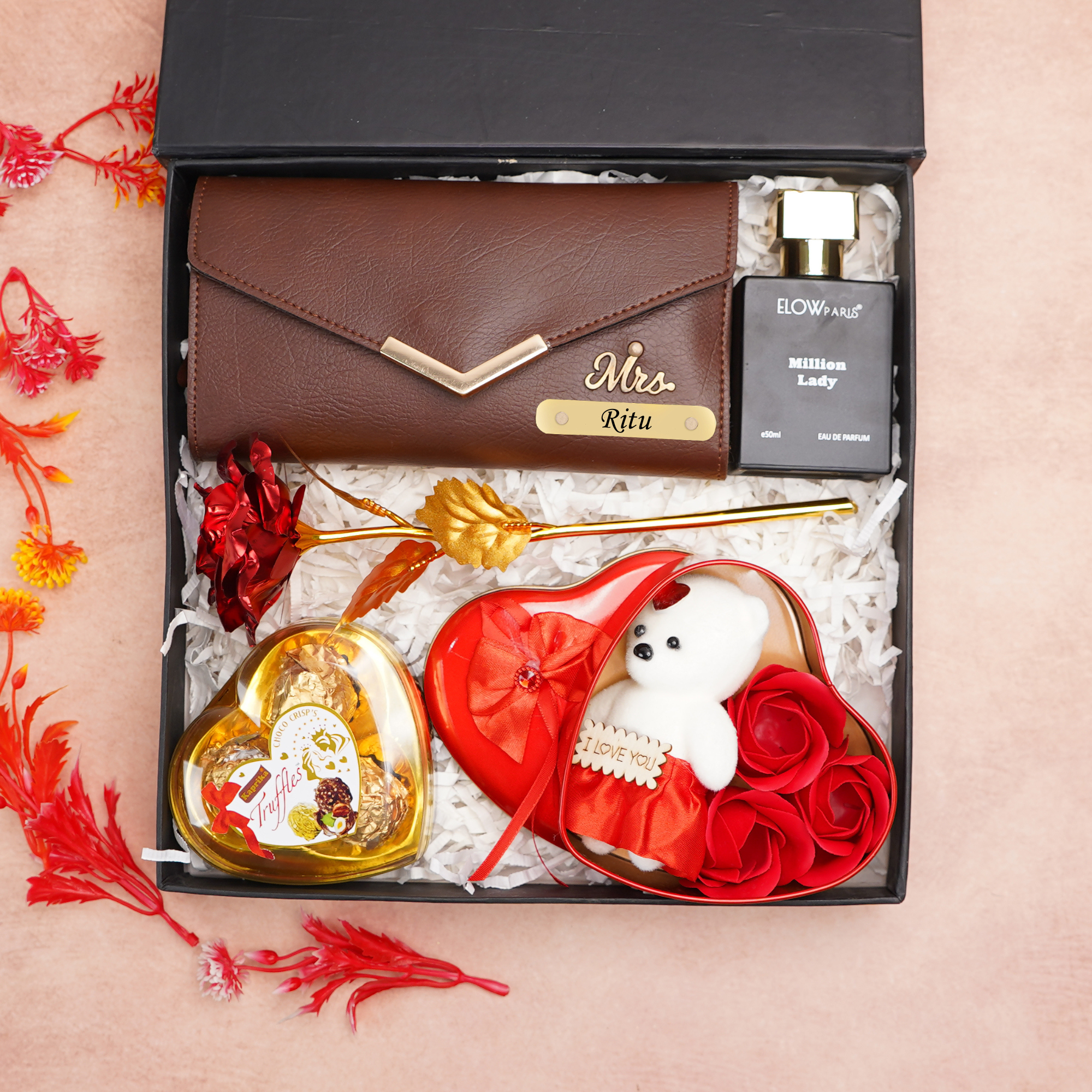 Personalized 5-in-1 Gift Box for Women | Custom Name Clutch, Perfume, Teddy Bear, Rose & Chocolates Combo Gift Set