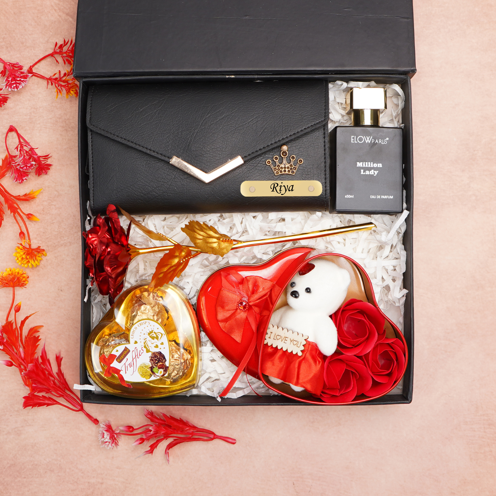 Personalized 5-in-1 Gift Box for Women | Custom Name Clutch, Perfume, Teddy Bear, Rose & Chocolates Combo Gift Set