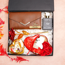 Load image into Gallery viewer, Romantic 5-in-1 Gift Box for Girlfriend / Wife – Give Personalized Clutch, Perfume, Teddy Bear, Rose &amp; Chocolates on Birthday &amp; Anniversary
