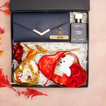 Load image into Gallery viewer, Romantic 5-in-1 Gift Box for Girlfriend / Wife – Give Personalized Clutch, Perfume, Teddy Bear, Rose &amp; Chocolates on Birthday &amp; Anniversary
