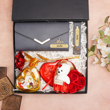 Load image into Gallery viewer, Romantic 5-in-1 Gift Box for Girlfriend – Personalized Clutch, Keychain, Teddy Bear, Rose &amp; Chocolates

