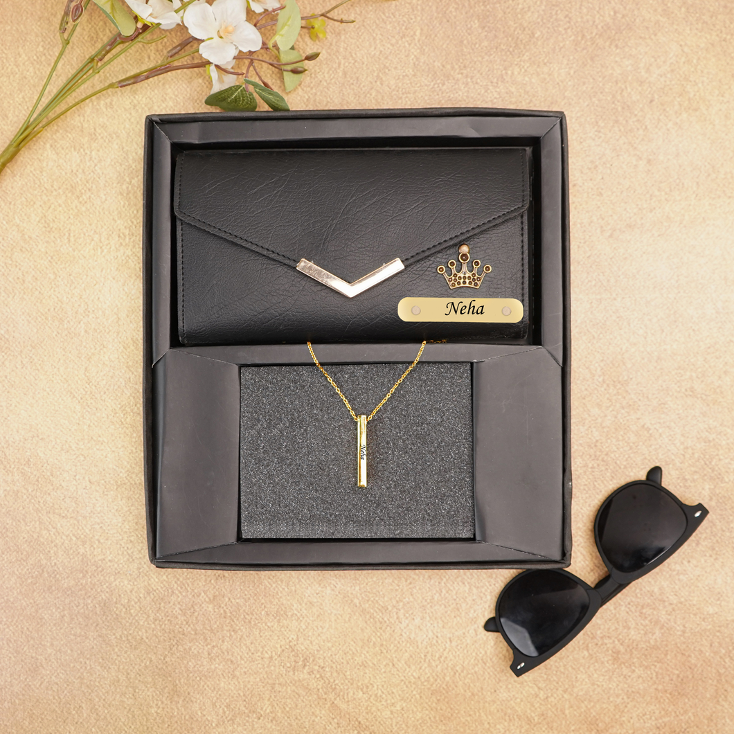 Premium Custom Leather Name Clutch with Charm & Personalised Golden Pendant