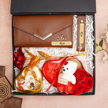 Load image into Gallery viewer, Romantic 5-in-1 Gift Box for Girlfriend – Personalized Clutch, Keychain, Teddy Bear, Rose &amp; Chocolates
