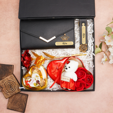 Load image into Gallery viewer, Romantic 5-in-1 Gift Box for Girlfriend – Personalized Clutch, Keychain, Teddy Bear, Rose &amp; Chocolates
