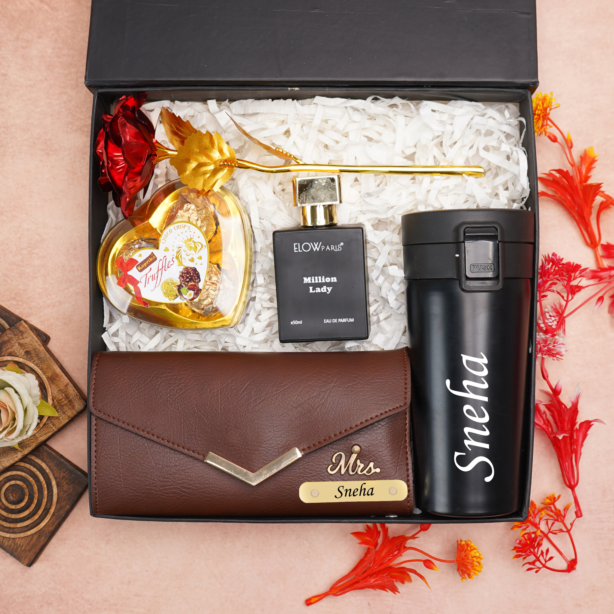 Personalized 5-in-1 Gift Box for Women | Custom Name Clutch, Perfume, Travel Mug, Chocolates & Rose Combo Gift Set