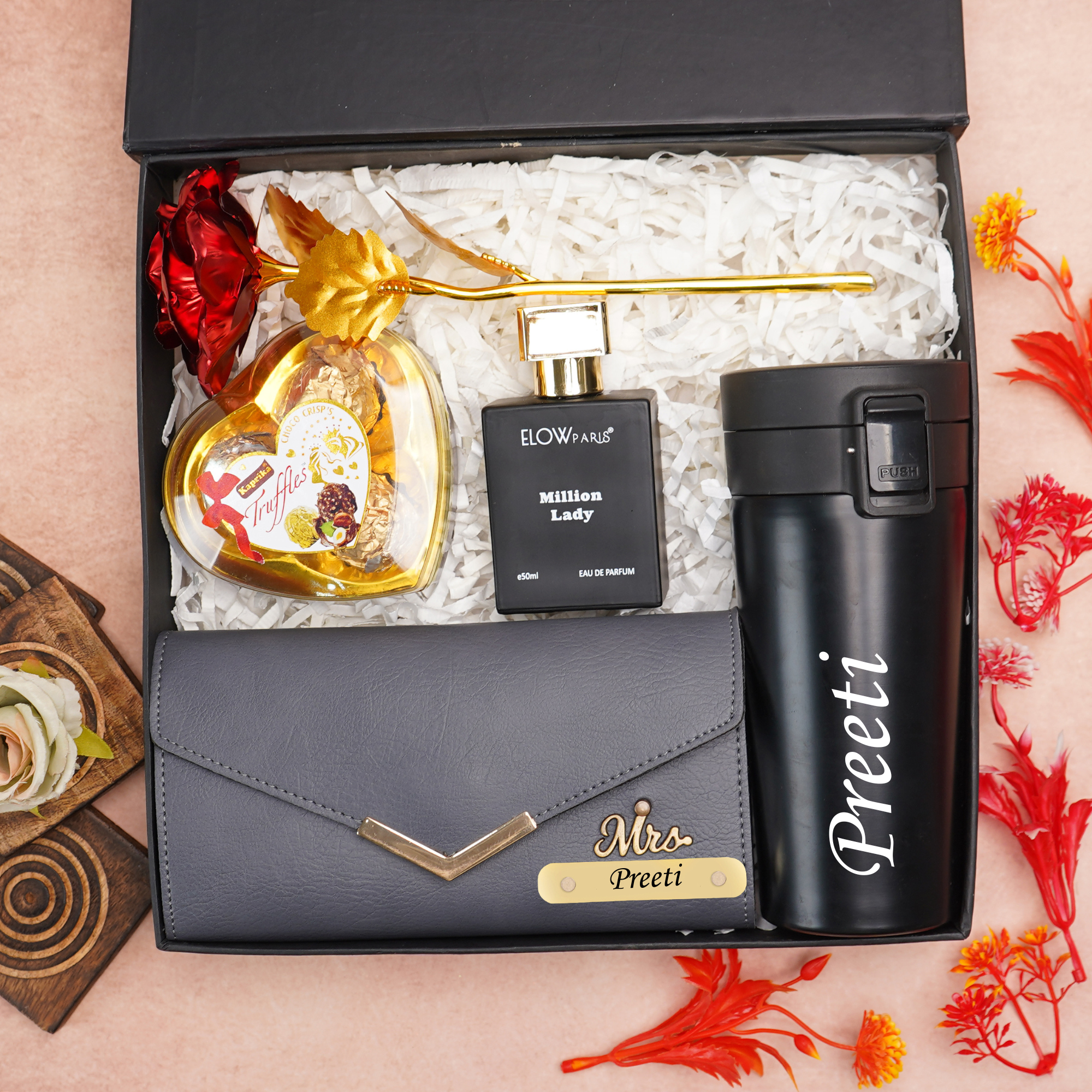 Personalized 5-in-1 Gift Box for Women | Custom Name Clutch, Perfume, Travel Mug, Chocolates & Rose Combo Gift Set