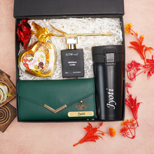Load image into Gallery viewer, Romantic 5-in-1 Gift Box for Girlfriend | Wife  – Personalised Name Clutch, Perfume, Travel Mug &amp; Chocolates &amp; Rose for birthday &amp; anniversary
