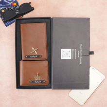 Load image into Gallery viewer, Personalized Leather Men's Wallet,Passport Cover Engraved Black Name Plate With Name and Charm | Customised 2 In 1 Gift Combo For Boyfriend Husband &amp; Father On Birthday and Anniversary
