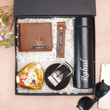 Load image into Gallery viewer, Personalized Leather Men's Wallet,Chocolate,Belt,Keychain,Temperature Bottle  Engraved Black Name Plate With Name and Charm | Customised 5 In 1 Gift Combo For Boyfriend Husband &amp; Father On Birthday and Anniversary
