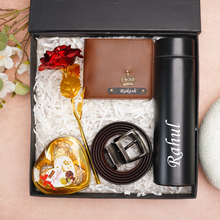 Load image into Gallery viewer, Personalized Leather Men's Wallet,Chocolate,Belt,Rose,Temperature Bottle Engraved Black Name Plate With Name and Charm | Customised 5 In 1 Gift Combo For Boyfriend Husband &amp; Father On Birthday and Anniversary
