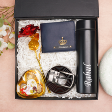 Load image into Gallery viewer, Personalized Leather Men's Wallet,Chocolate,Belt,Rose,Temperature Bottle Engraved Black Name Plate With Name and Charm | Customised 5 In 1 Gift Combo For Boyfriend Husband &amp; Father On Birthday and Anniversary
