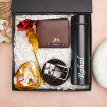 Load image into Gallery viewer, Personalized Leather Men's Wallet,Chocolate,Belt,Rose,Temperature Bottle Engraved Black Name Plate With Name and Charm | Customised 5 In 1 Gift Combo For Boyfriend Husband &amp; Father On Birthday and Anniversary
