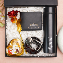 Load image into Gallery viewer, Personalized Leather Men's Wallet,Chocolate,Belt,Rose,Temperature Bottle Engraved Black Name Plate With Name and Charm | Customised 5 In 1 Gift Combo For Boyfriend Husband &amp; Father On Birthday and Anniversary
