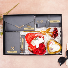 Load image into Gallery viewer, Romantic 7-in-1 Gift Box for Girlfriend / Wife – Personalised Clutch, Passport Cover &amp; Cute Teddy with Chocolates &amp; Rose
