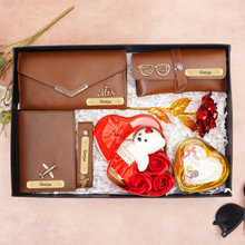 Load image into Gallery viewer, Romantic 7-in-1 Gift Box for Girlfriend / Wife – Personalised Clutch, Passport Cover &amp; Cute Teddy with Chocolates &amp; Rose
