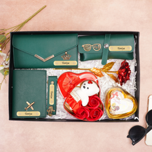 Load image into Gallery viewer, Romantic 7-in-1 Gift Box for Girlfriend / Wife – Personalised Clutch, Passport Cover &amp; Cute Teddy with Chocolates &amp; Rose
