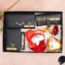 Load image into Gallery viewer, Romantic 7-in-1 Gift Box for Girlfriend / Wife – Personalised Clutch, Passport Cover &amp; Cute Teddy with Chocolates &amp; Rose
