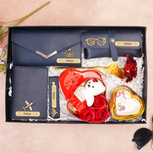 Load image into Gallery viewer, Romantic 7-in-1 Gift Box for Girlfriend / Wife – Personalised Clutch, Passport Cover &amp; Cute Teddy with Chocolates &amp; Rose
