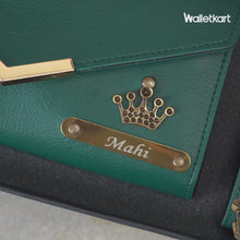 Load and play video in Gallery viewer, Special Gift for Wife/Girlfriend with name &amp; Charm | Leather Women's Clutch with Matching Keychain
