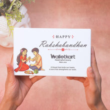 Load and play video in Gallery viewer, Personalized Vegan Leather Wallet with Custom Name Rudraksha Rakhi | Premium Raksha Bandhan Gift Box with Roli &amp; Chawal for Brother
