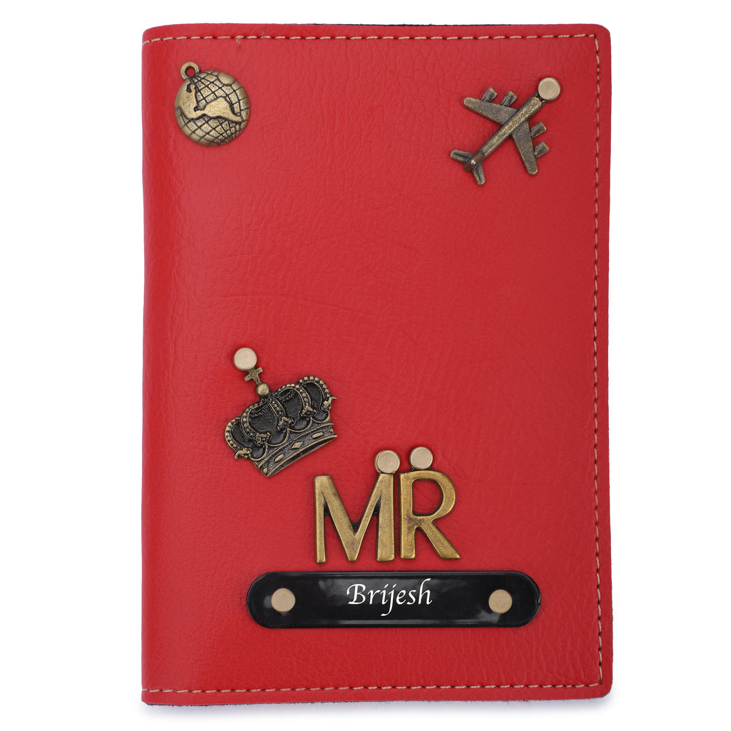 Personalized Leather Name MR. Passport Cover with Charm Red Color