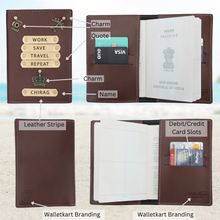 Load image into Gallery viewer, Personalized Leather Name Passport Cover with Charm For Men (WORK SAVE TRAVEL REPEAT) Brown Color
