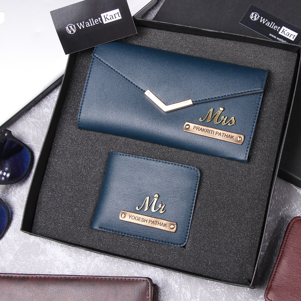 Personalised  Leather Name Men's Wallet & Female's Clutch Combo For Couple