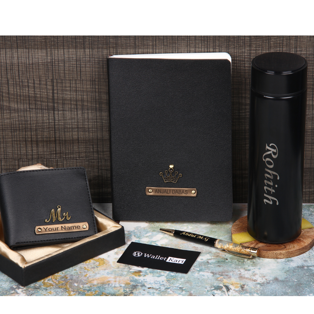 Personalised Men's Wallet, Pen, Diary & Temperature Bottle  (Black Color Combo)