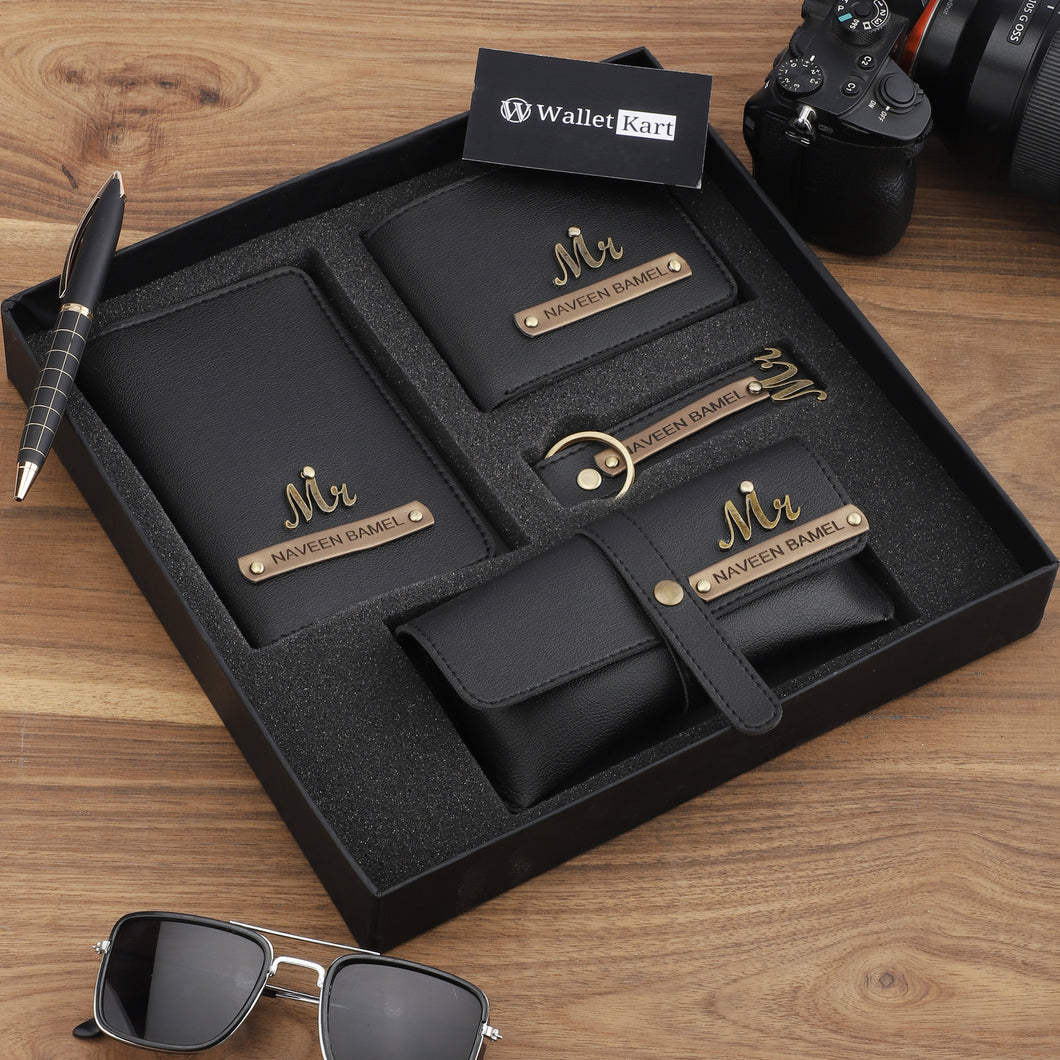 Personalized Men's Wallet, Keychain, Eyewear Case & Passport Cover with Name. & Charm Gift Combo