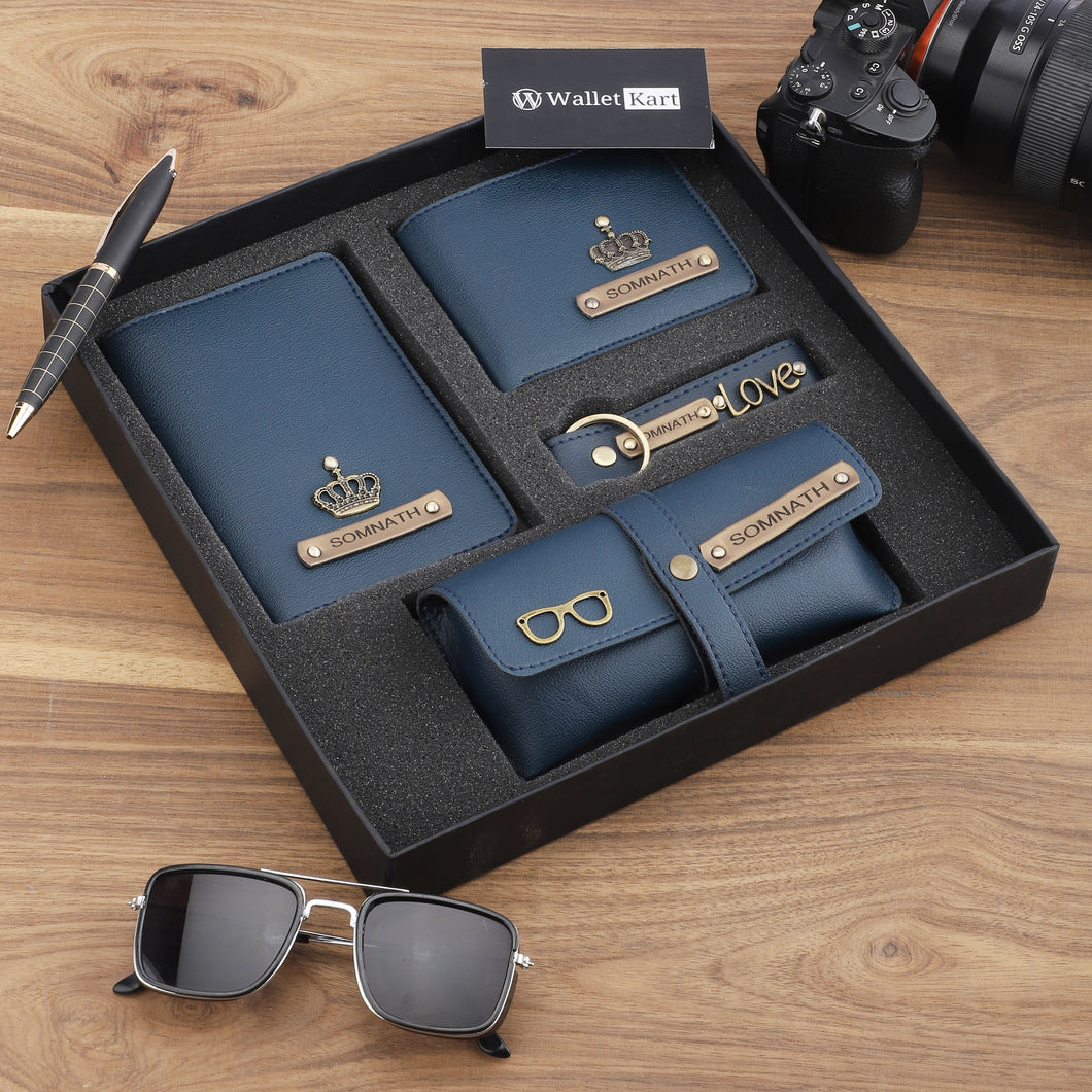 Personalized Men's Wallet, Keychain, Eyewear Case & Passport Cover with Name. & Charm Gift Combo