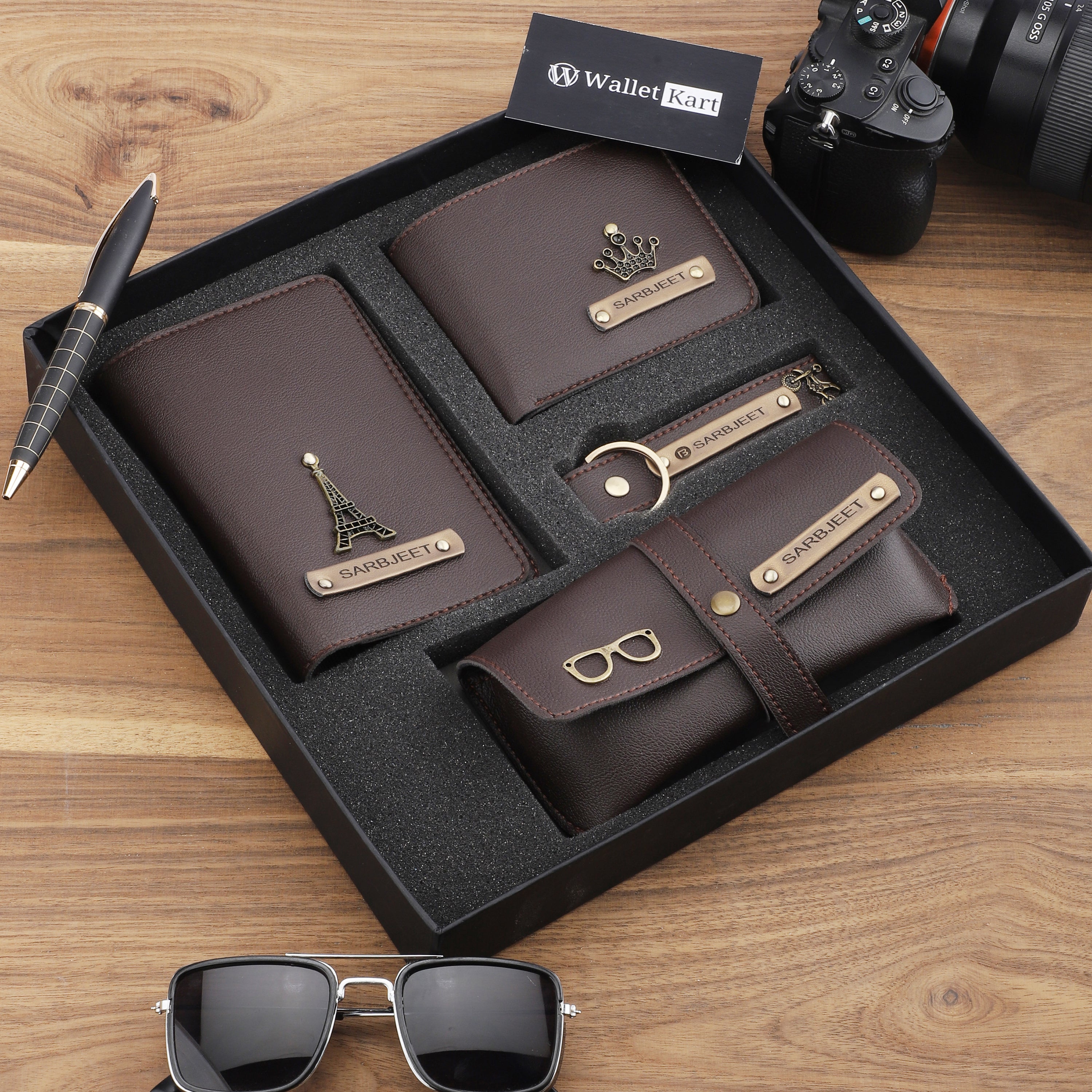 Personalized Men's Wallet, Keychain, Eyewear Case & Passport Cover with Name. & Charm Gift Combo