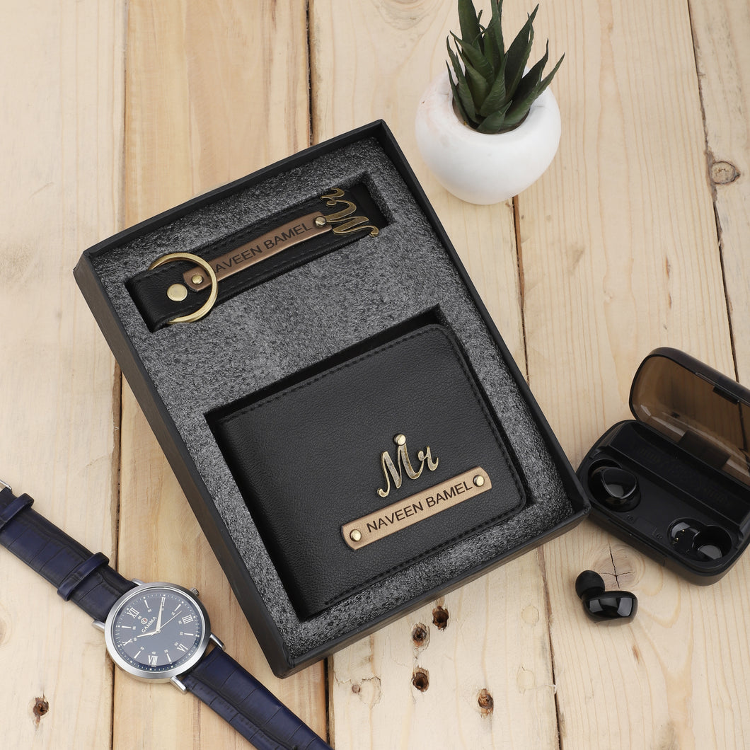Personalized Men's Leather Wallet & Keychain with Name & Charm