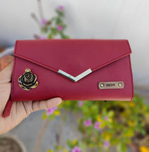 Load image into Gallery viewer, Personalized Ladies Leather Clutch with Name &amp; Charm
